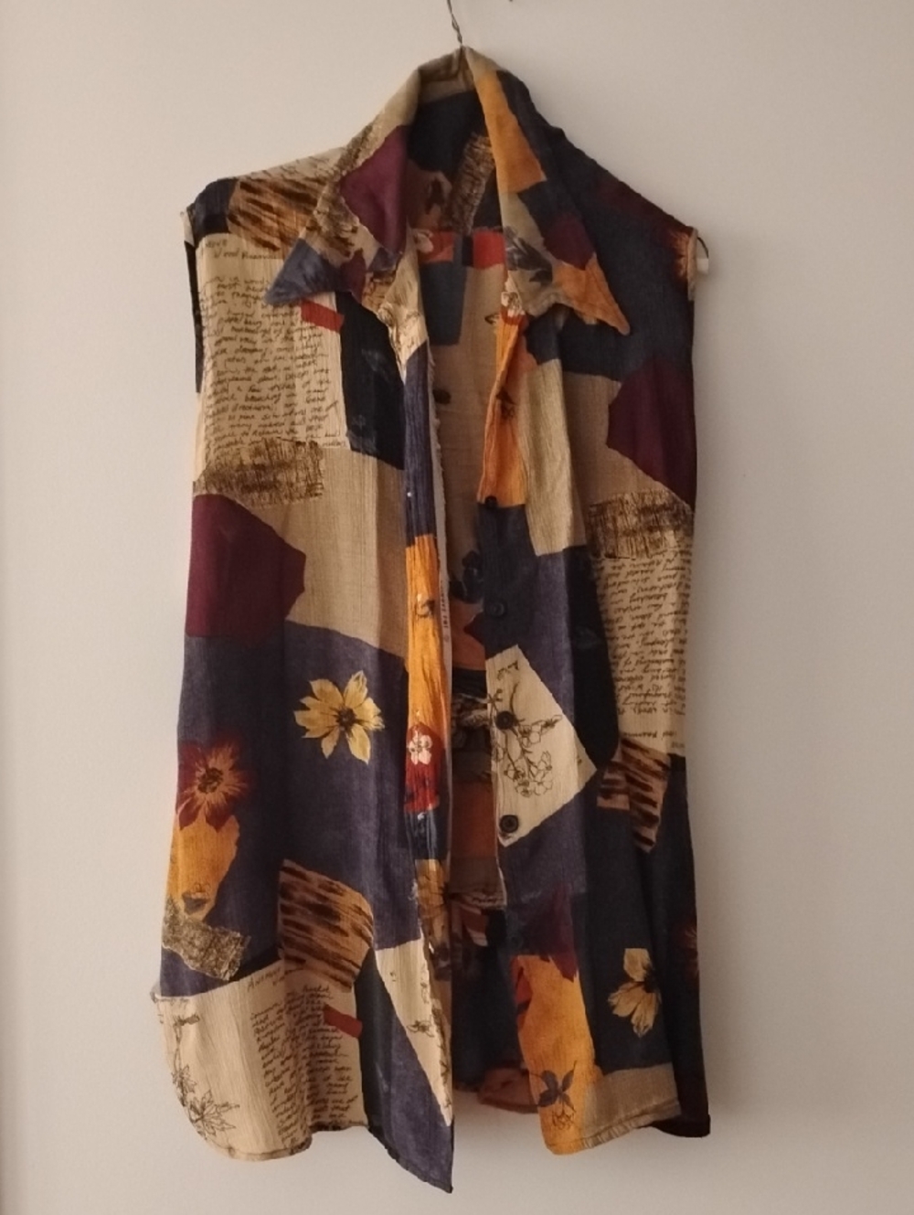 Patchprint Sleeveless Button Vest & Baggy Pants in Mustard, Navy, Burgundy
